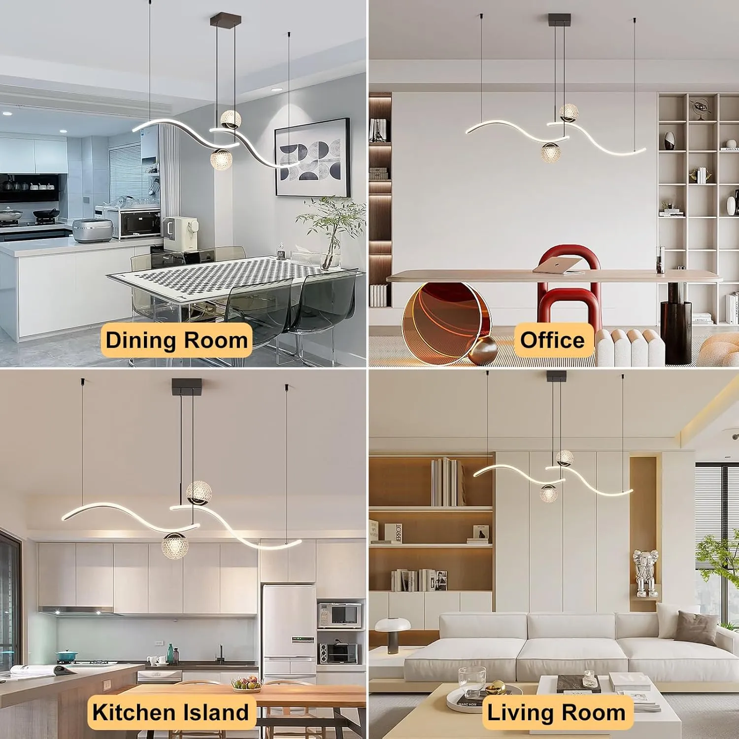 Modern LED Globe Pendant Light, 39in Dimmable Black Hanging Chandelier Light Fixture, 2-Wave Kitchen Pendant Lighting Over Island, Dining Room Lights Ceiling Hanging Over Table (2-Bulb)