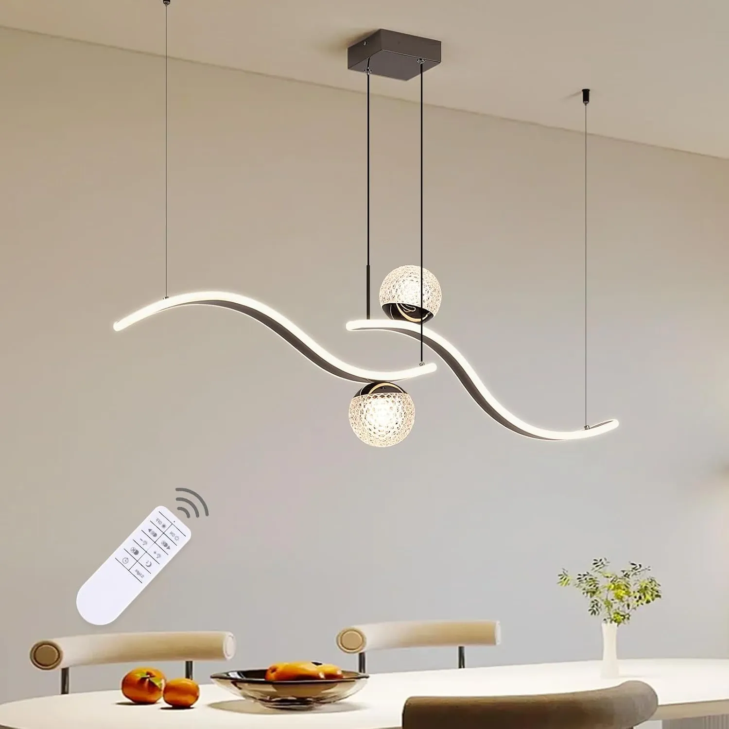 Modern LED Globe Pendant Light, 39in Dimmable Black Hanging Chandelier Light Fixture, 2-Wave Kitchen Pendant Lighting Over Island, Dining Room Lights Ceiling Hanging Over Table (2-Bulb)