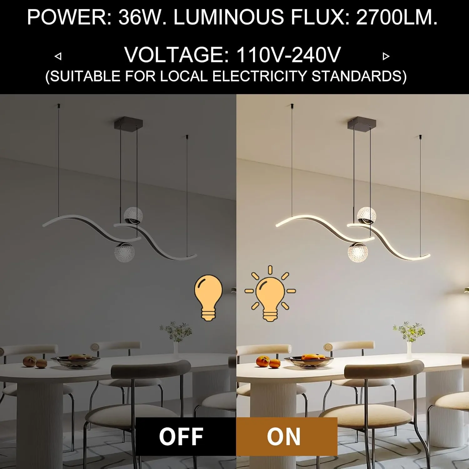 Modern LED Globe Pendant Light, 39in Dimmable Black Hanging Chandelier Light Fixture, 2-Wave Kitchen Pendant Lighting Over Island, Dining Room Lights Ceiling Hanging Over Table (2-Bulb)