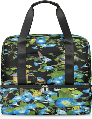 Morning Glory Bird Travel Bag Double Tier Zip Closure Weekender Bag with Leather Handle Waterproof Sports Tote Gym Bag for Swim Beach Gym Yoga