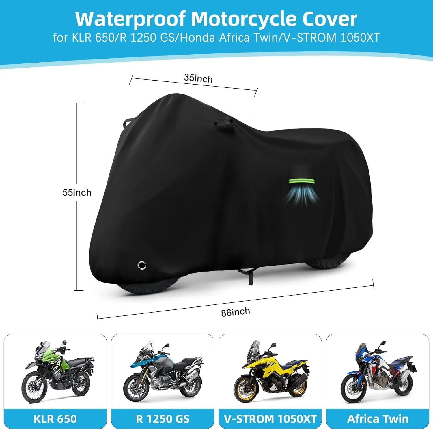 Motorcycle Cover Waterproof for Kawasaki KLR 650/R 1250 GS/Honda Africa Twin/V-Strom 1050XT, Heavy Duty Outdoor Sun UV Rain Dust All Weather Motorbike Cover with Soft Cotton Lining & Lock Hole-Balck