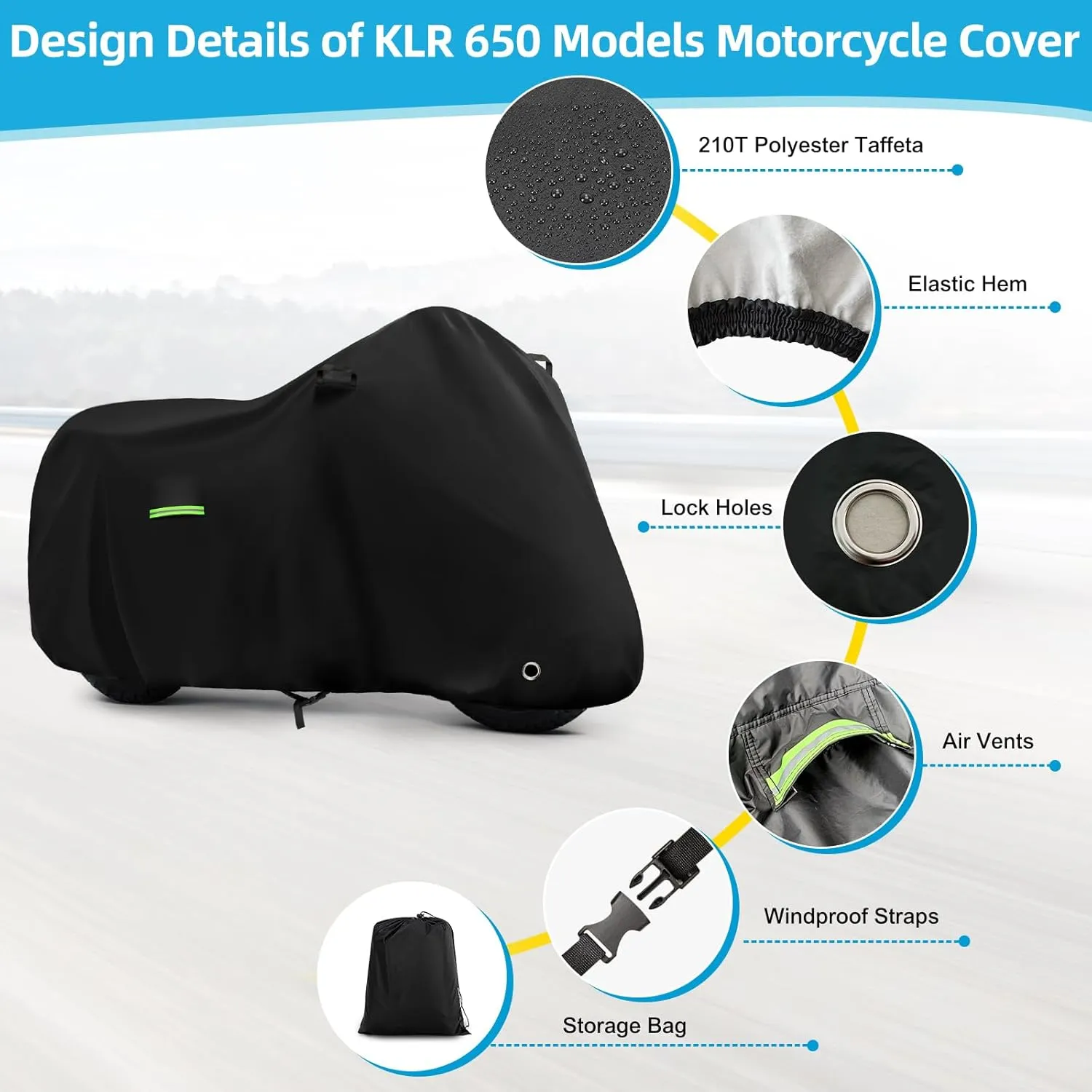 Motorcycle Cover Waterproof for Kawasaki KLR 650/R 1250 GS/Honda Africa Twin/V-Strom 1050XT, Heavy Duty Outdoor Sun UV Rain Dust All Weather Motorbike Cover with Soft Cotton Lining & Lock Hole-Balck