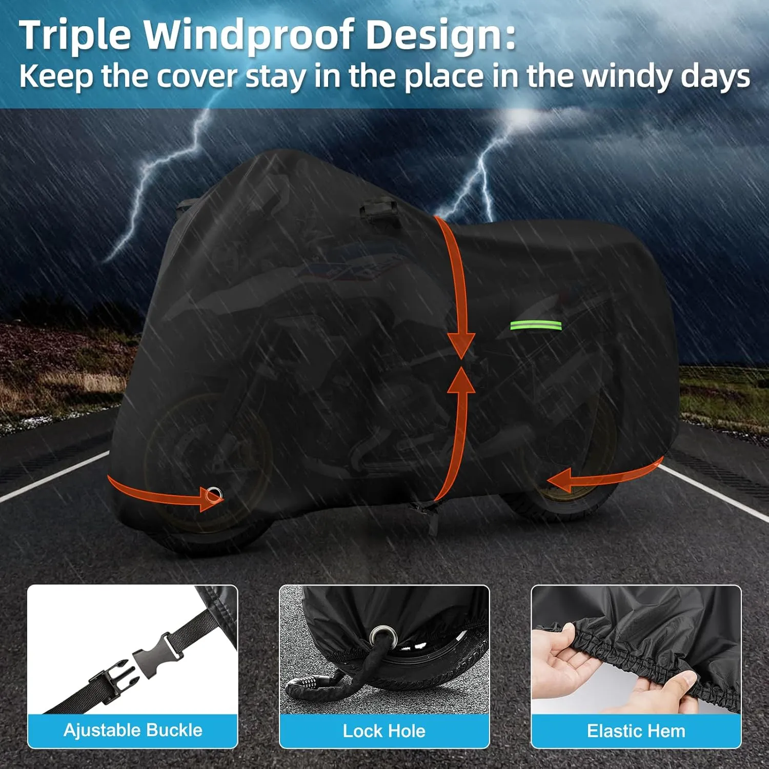 Motorcycle Cover Waterproof for Kawasaki KLR 650/R 1250 GS/Honda Africa Twin/V-Strom 1050XT, Heavy Duty Outdoor Sun UV Rain Dust All Weather Motorbike Cover with Soft Cotton Lining & Lock Hole-Balck