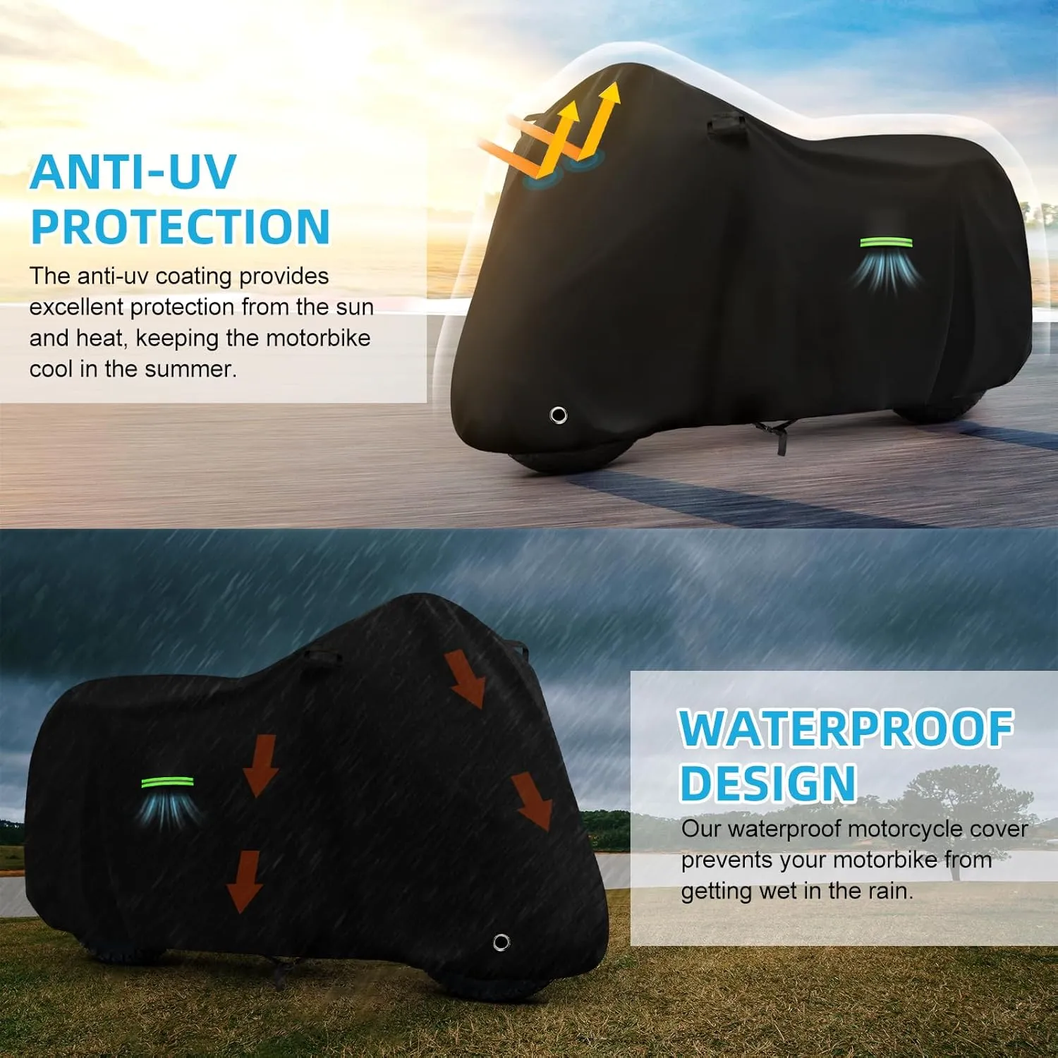 Motorcycle Cover Waterproof for Kawasaki KLR 650/R 1250 GS/Honda Africa Twin/V-Strom 1050XT, Heavy Duty Outdoor Sun UV Rain Dust All Weather Motorbike Cover with Soft Cotton Lining & Lock Hole-Balck