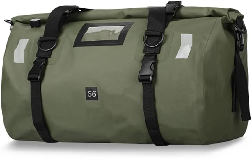 Motorcycle Dry Bag, Large Capacity Waterproof Duffle Bag with Roll Top Closure, Shoulder Straps, Reflective Design (Army Green, 66L), Duffle Bag