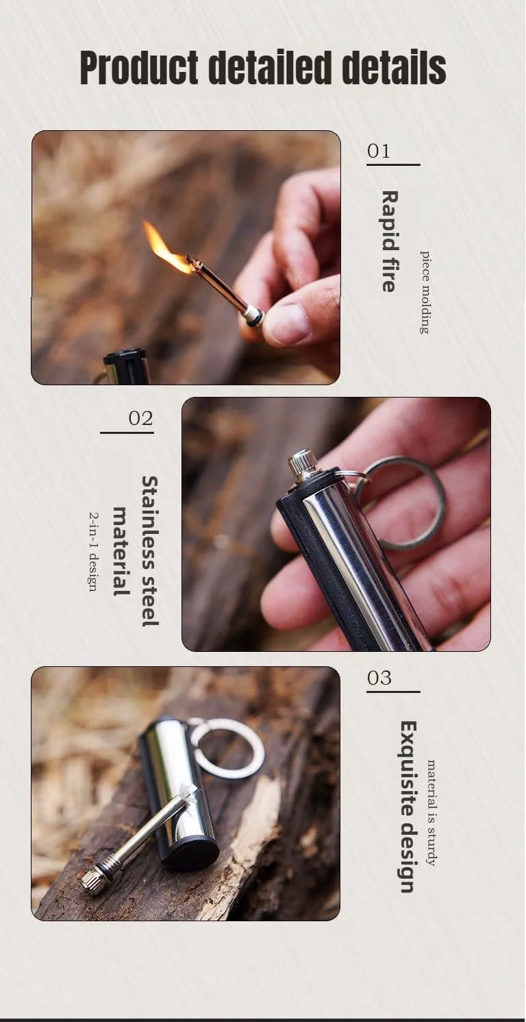 Multi-Function Stainless Steel Lighter Keychain - Windproof Waterproof 10,000-Strike Fire Starter, Compact & Durable for Outdoor Use (2 Pack)
