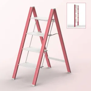 Multifunctional Climbing Ladder Aluminum Alloy Folding Herringbone Ladder widening Pedal Load-Bearing Flower Stand, 2-Step ladder/3-step ladder/4-step Ladder (Color : Pink, Size : 4 Step Ladder)