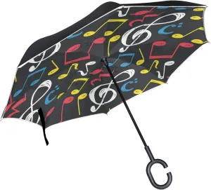 Music Note Reverse Inverted Inside Out Umbrella Cars Unigue Windproof UV Proof Double Layer for Women