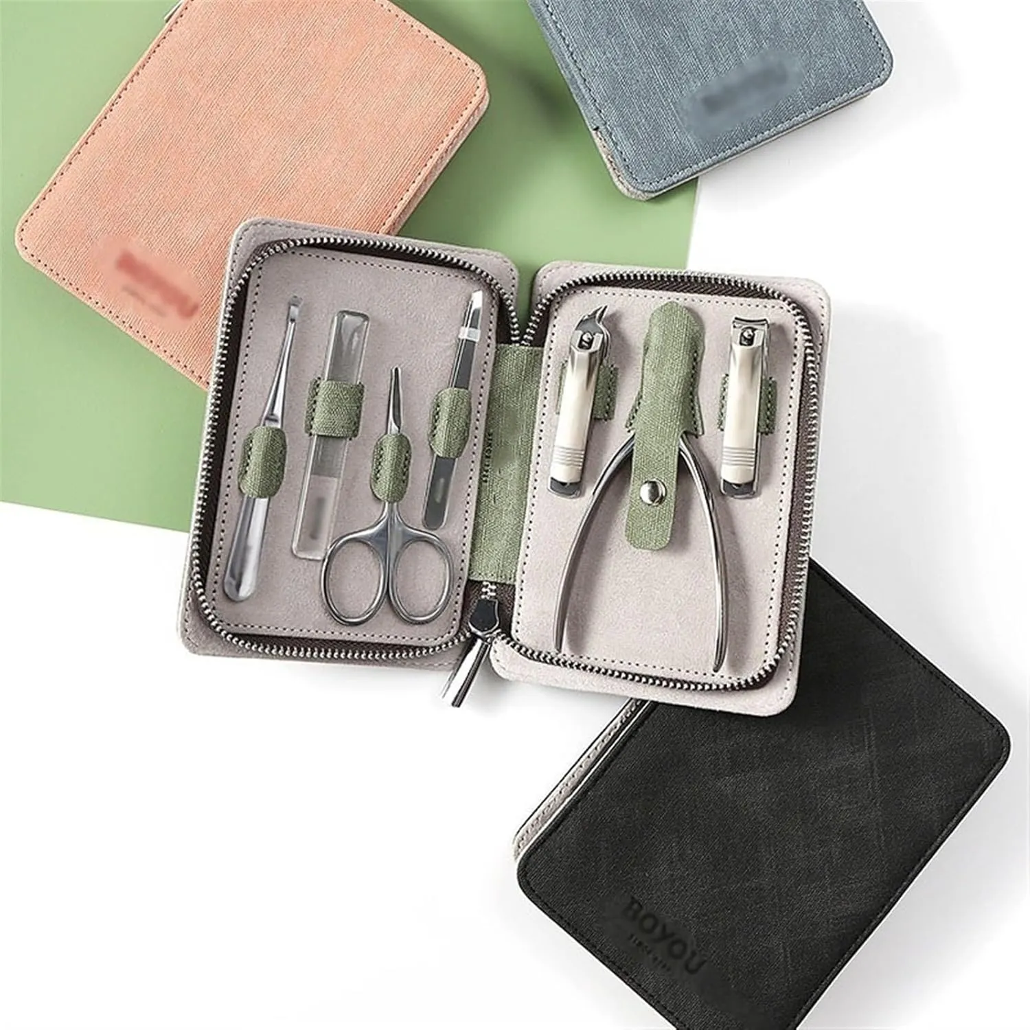 Nail Clipper Kit Portable Nail Clipper Set, 7 Pieces Men Women Pedicure Grooming Kit, Sharp Finger and Toe Nail Tools with Leather Case Nail Clippers Set(Green)