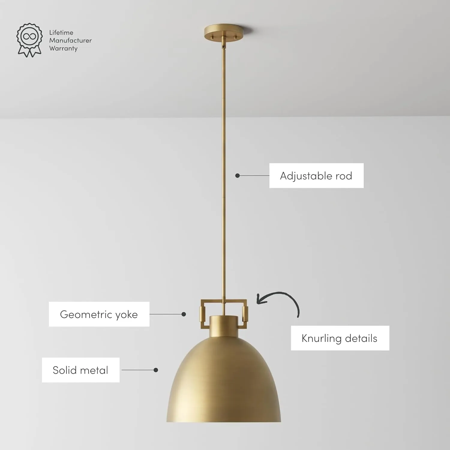 Nathan James Leigh Pendant Lighting, Hanging Ceiling Light with Oversized Metal Shade and Adjustable Cord, for Kitchen Island or Entryway, Antiqued Brass