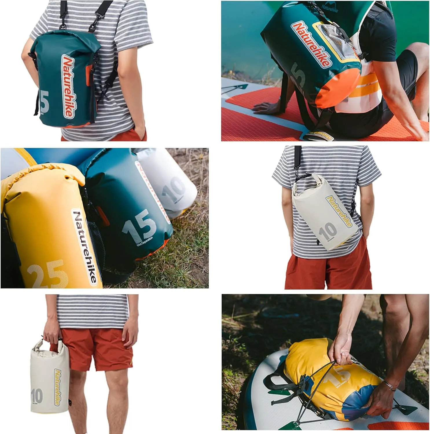 Naturehike PVC Floating Waterproof Dry Backpack, 10L/15L Waterproof Pouch with Wider Shoulder Straps, Roll Top Waterproof Backpack Sack for Travel, Swimming, Boating, Kayaking, Camping (Green, 10L)