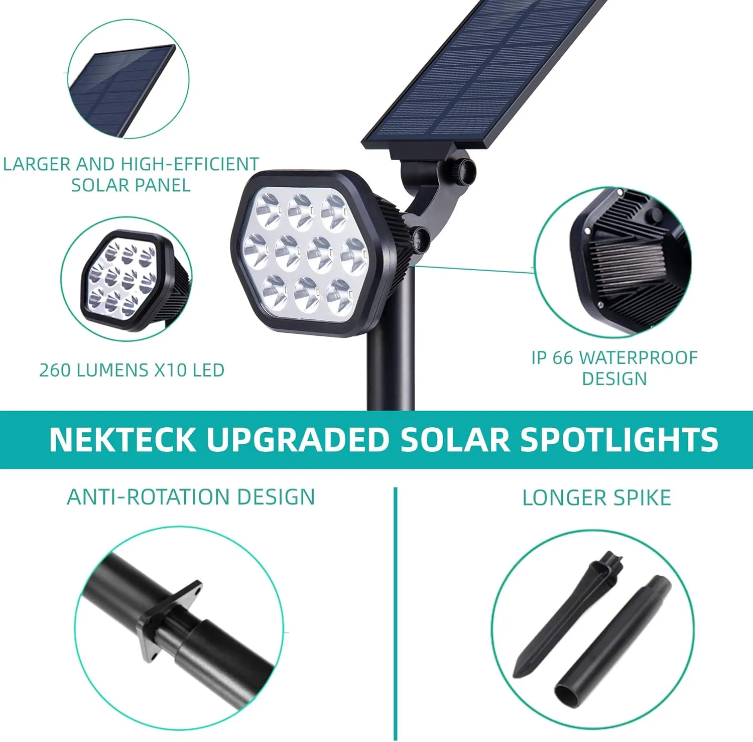 Nekteck Solar Lights Outdoor,10 LED Landscape Spotlights Powered Wall Lights 2-in-1 Wireless Adjustable Security Decoration Lighting for Yard Garden Walkway Porch Pool Driveway (2 Pack, Warm White)