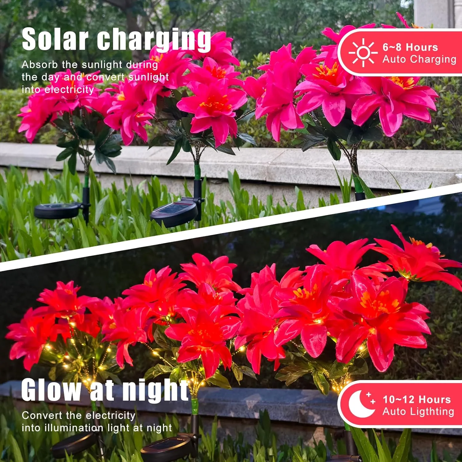 Neporal Solar Flowers Outdoor Waterproof Pink, Decorative Garden Lights Solar Powered Dusk to Dawn, 8-Stem, 2 Lighting Modes Plants Lights for Yard, Backyard, Porch (Modern, 2, Count)
