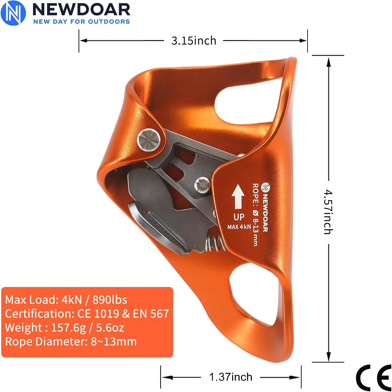 NewDoar Rock Climbing Chest Ascender Abdominal for Vertical Rope Climbing CE Certified Rope Clamp for 8~13MM Rope