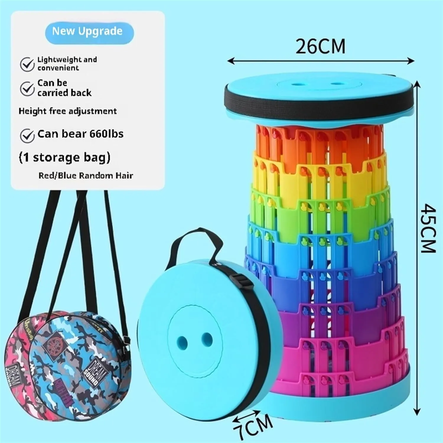 Newly Upgraded Portable Collapsible Telescopic Stool, Sturdy Foldable Stool with Load Capacity of 660lbs, Retractable Camping Stool for Hiking, Fishing Tours Indoor & Outdoor(Blue)