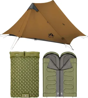 Night Cat Ultralight Tent 2 Persons with Double Sleeping Bag and Double Sleeping Pad for Professional Backpacker Hiker 3 LBS Only Heavy Rain Waterproof Trekking Pole Not Included