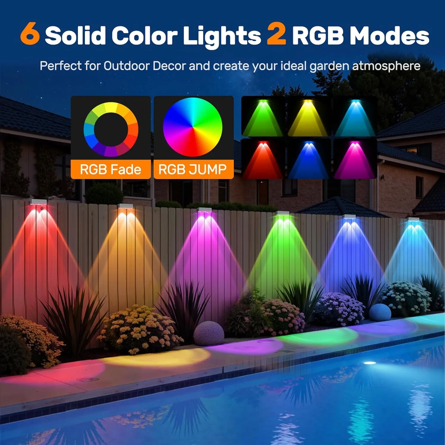 NIORSUN Solar Fence Lights,6 Pack Deck Light,Led Outdoor Lights Warm White   RGB Wall Lights Waterproof,Solar Powered Light for Backyard/Pool/Railing/Patio/Porch/Step(White)
