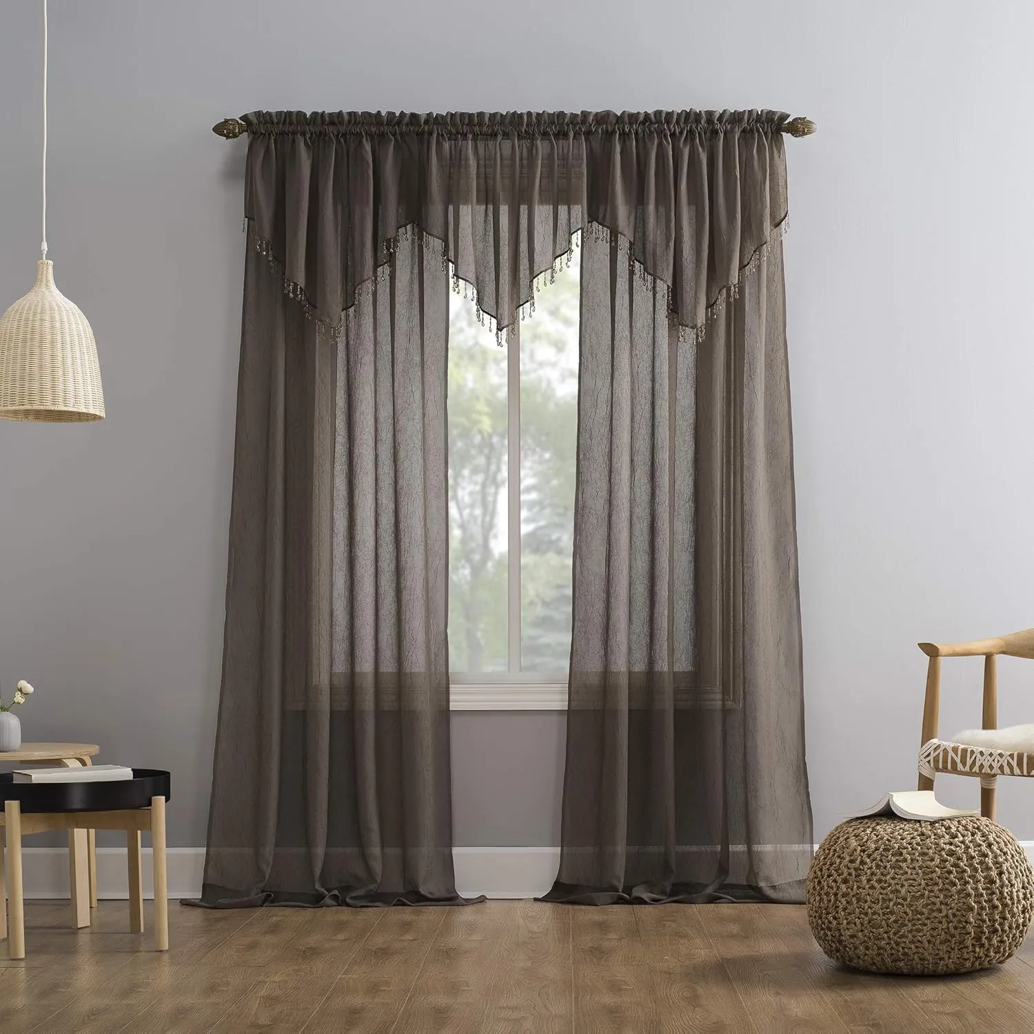 No. 918 Erica Crushed Sheer Voile Rod Pocket Curtain Panel, 51" x 63", Cocoa Brown