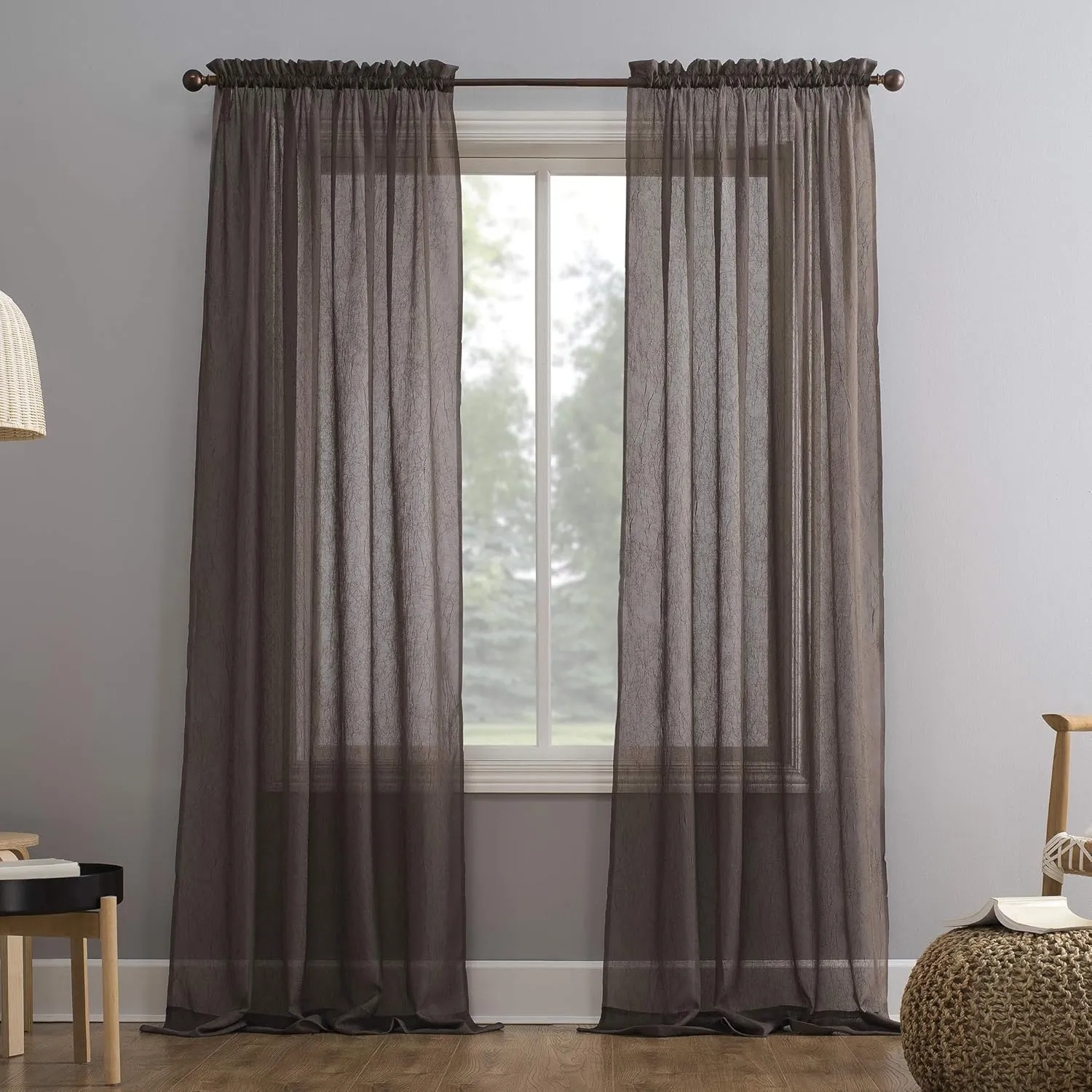No. 918 Erica Crushed Sheer Voile Rod Pocket Curtain Panel, 51" x 63", Cocoa Brown