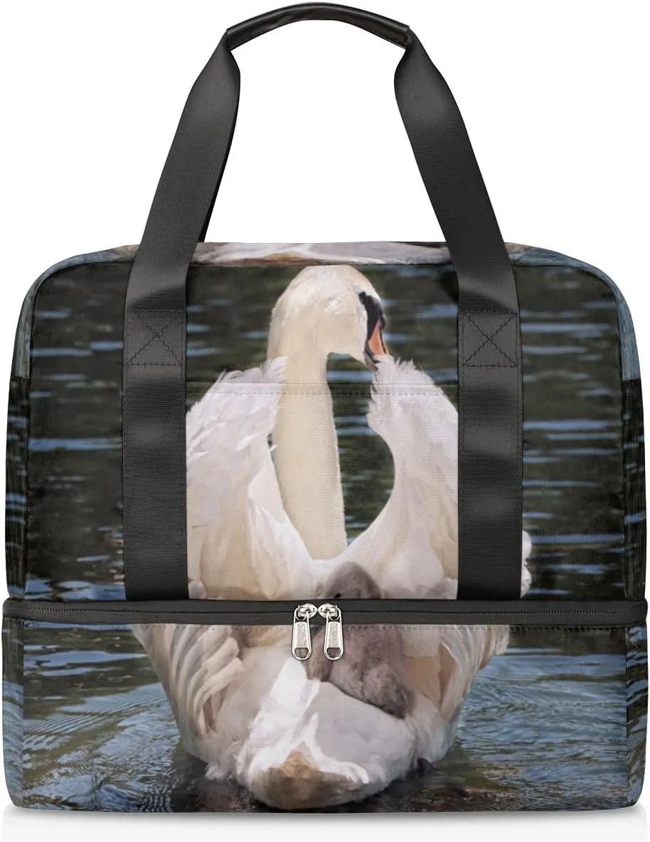 Noble Swan Travel Bag Double Tier Zip Closure Weekender Bag with Leather Handle Waterproof Sports Tote Gym Bag for Swim Beach Gym Yoga