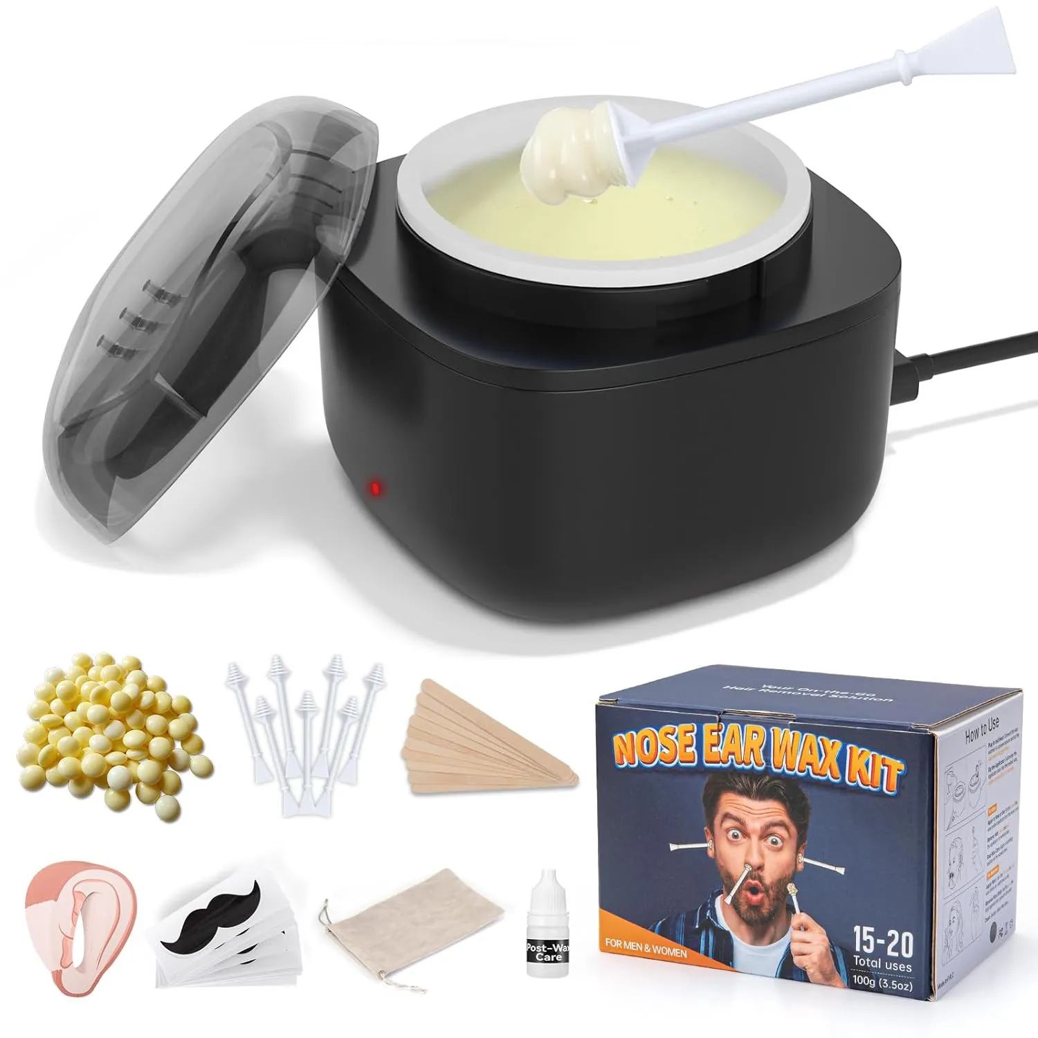 Nose Wax Kit Men, Nose and Ear Hair Waxing Kit with 100g Wax, 40 Applicators, Ear Hair Removal Kit, 20 Uses, USB Fast Heat, Smart Constant Temp, Upgraded Size, Multi-Accessories, White