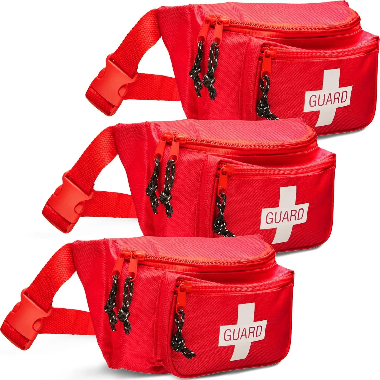 NOVAMEDIC Pack of 3 First Aid Empty Fanny Pack, 8"x2"x6", Waist Bag with 3 Zippered Compartments & Adjustable Strap for Lifeguard, Hiking, Travel Men & Women, Durable, Red