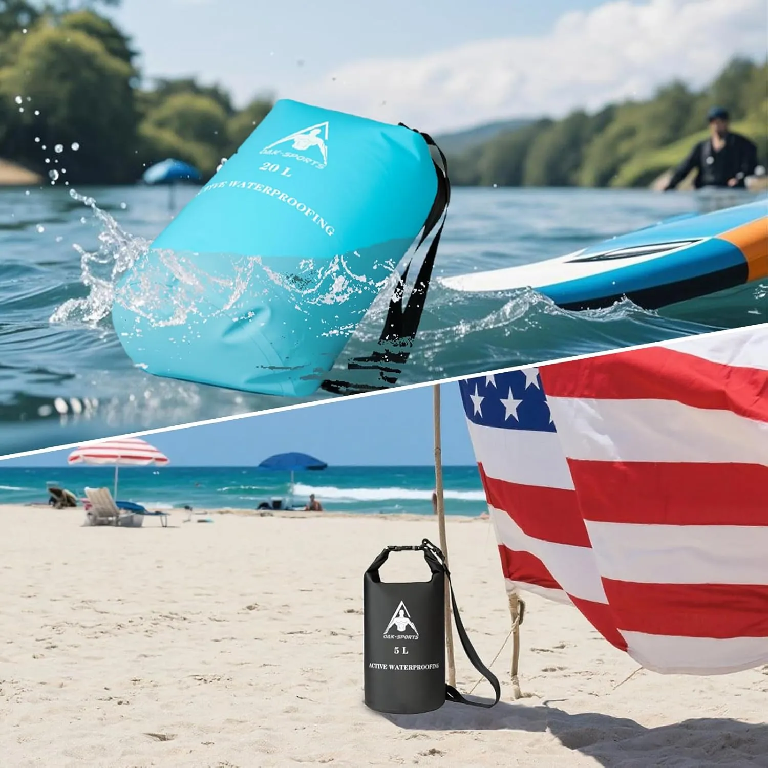 Oak-Sports Dry Bag Waterproof Backpack 5L/10L/20L, Roll Top Lightweight Beach Bag with Double Zipper Seal for Swimming, Kayaking, Hiking, Boating, Adjustable Shoulder Strap
