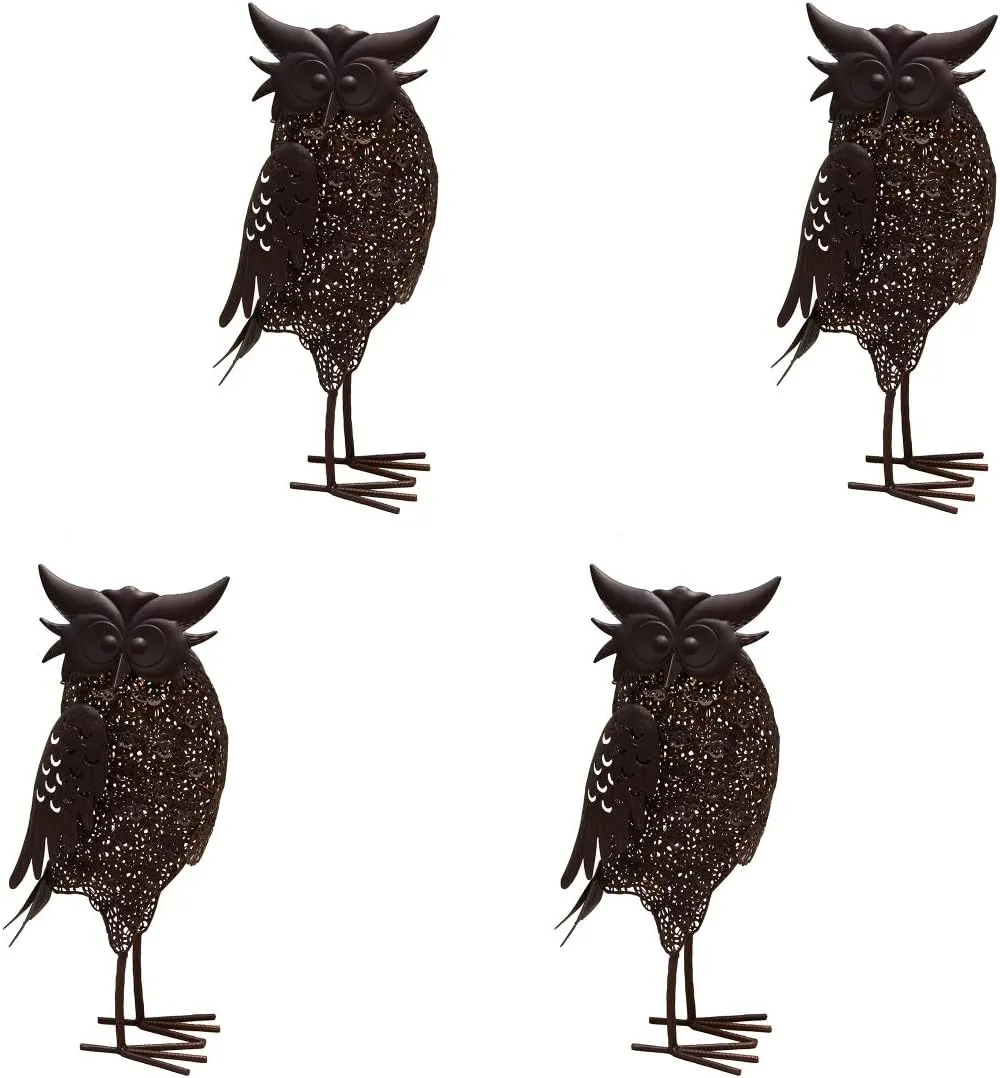 Oakland Living 650259-OWL-4-HB 16.7 in. Steel Indoor & Outdoor Animal Garden Owl Metal Bird Sculpture Statue with Solar Light & Ground Stake, Hammer Tone Bronze - Pack of 4