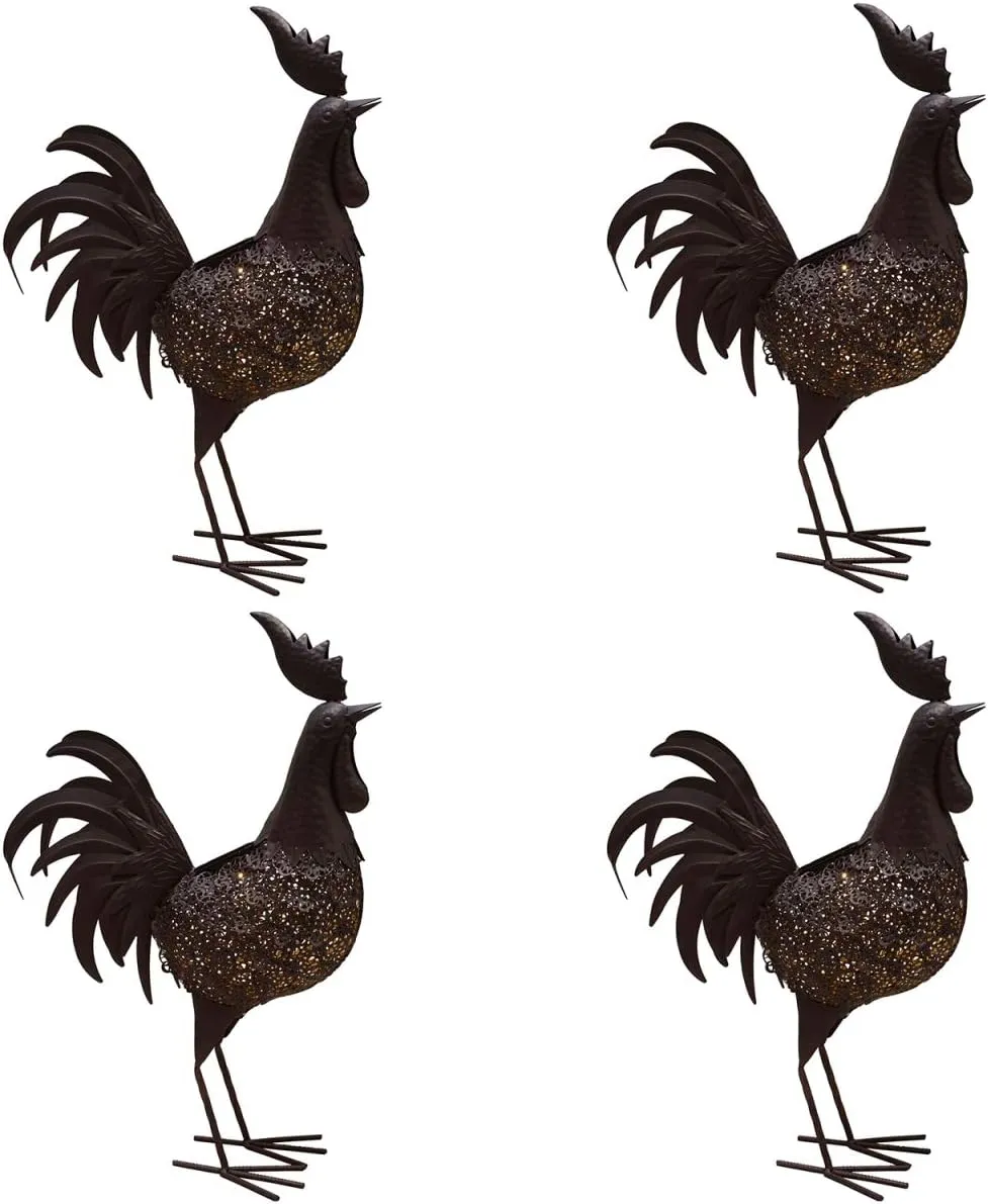 Oakland Living 650262-ROOSTER-4-HB 24 in. Steel Indoor & Outdoor Animal Garden Rooster Metal Bird Sculpture Statue with Solar Light & Ground Stake, Hammer Tone Bronze - Pack of 4