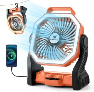 Odoland Camping Fan with LED Lantern, 20000mAh Rechargeable Battery Operated Fan, Portable Outdoor Light with Rotation Hook for Picnic Power Outage Hurricane Emergency Home Patio, Orange