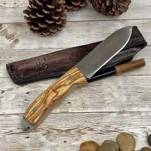 OLIVE HANDLE Handmade Fixed Blade Outdoor Knife with Sheath – Hunting, Bushcraft, Self Defense Bowie Knife – Tracker Knife with Wooden Handle & N690 German Bohler Steel Blade – Leather Sheath & Flint Rod Included