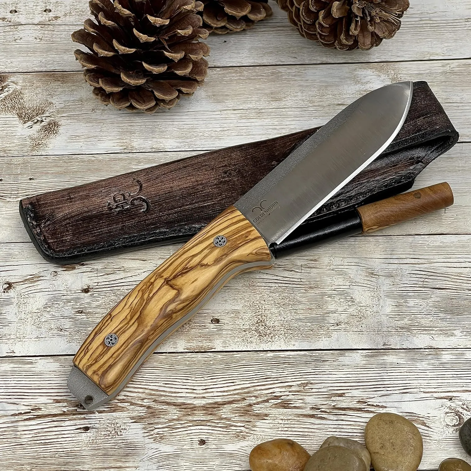 OLIVE HANDLE Handmade Fixed Blade Outdoor Knife with Sheath – Hunting, Bushcraft, Self Defense Bowie Knife – Tracker Knife with Wooden Handle & N690 German Bohler Steel Blade – Leather Sheath & Flint Rod Included