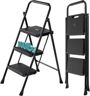OLIXIS Step Ladder, 3 Step Stool Foldable with Anti-Slip Pedal & Comfortable Handrail, 800lbs Capacity Sturdy Steel Ladder, Protable Heavy Duty Step Stool for Kitchen, Garage & Outdoor Use, Black