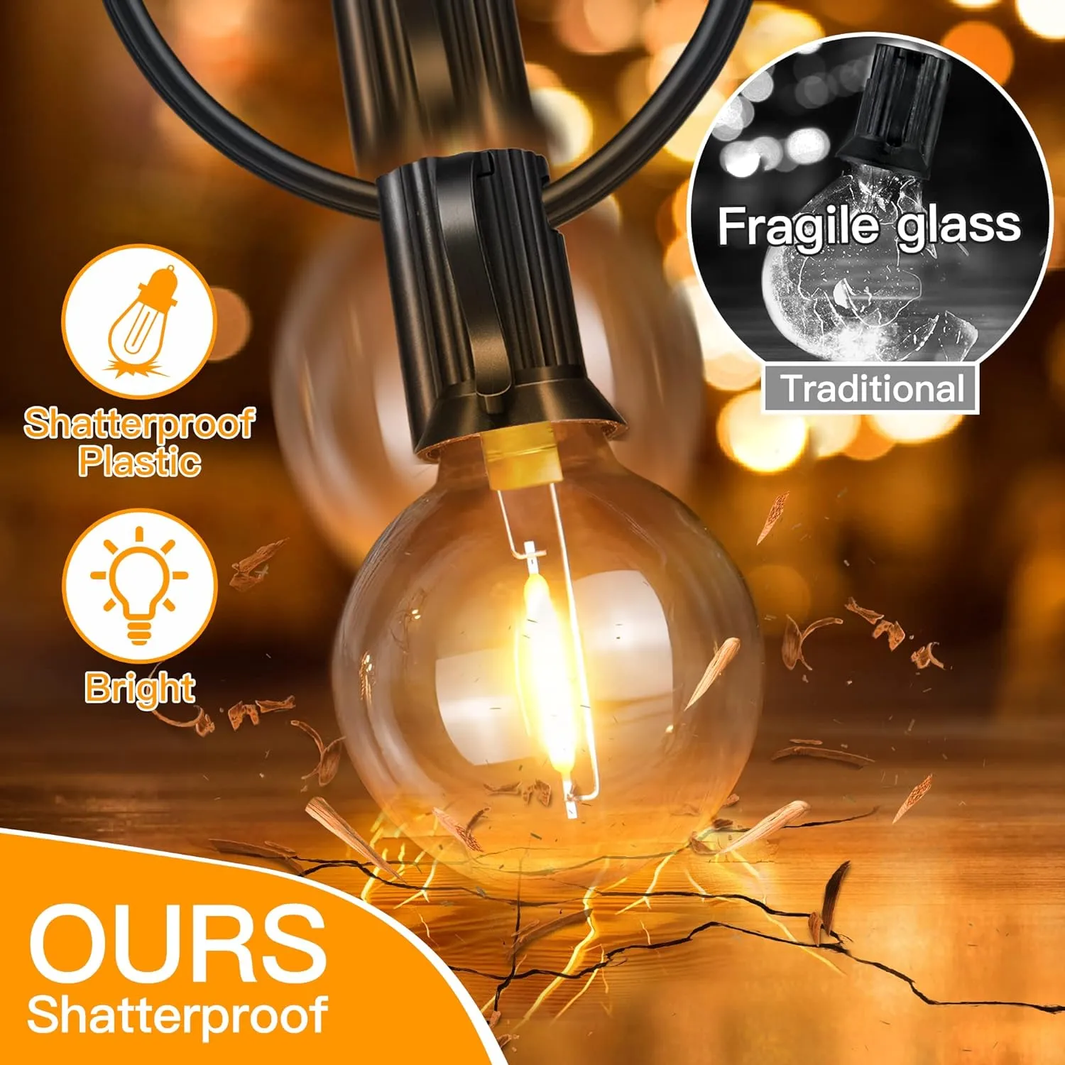 Ollny 50FT Outdoor String Lights, Waterproof Connectable Shatterproof Outside Light with 25 Edison   2 Spare LED Bulbs Plug in, Patio Lights for Indoor Balcony Porch Camping Deck