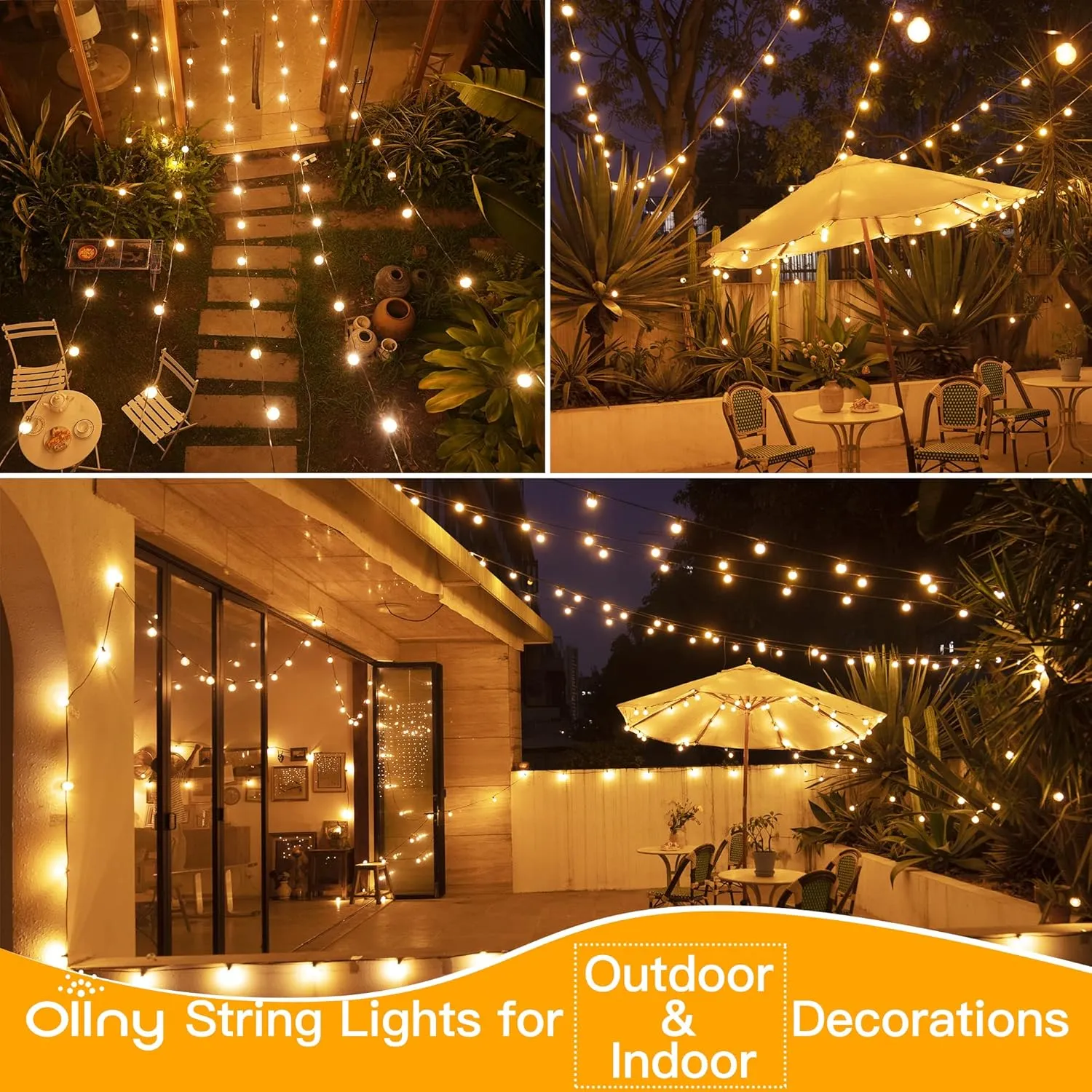 Ollny 50FT Outdoor String Lights, Waterproof Connectable Shatterproof Outside Light with 25 Edison   2 Spare LED Bulbs Plug in, Patio Lights for Indoor Balcony Porch Camping Deck