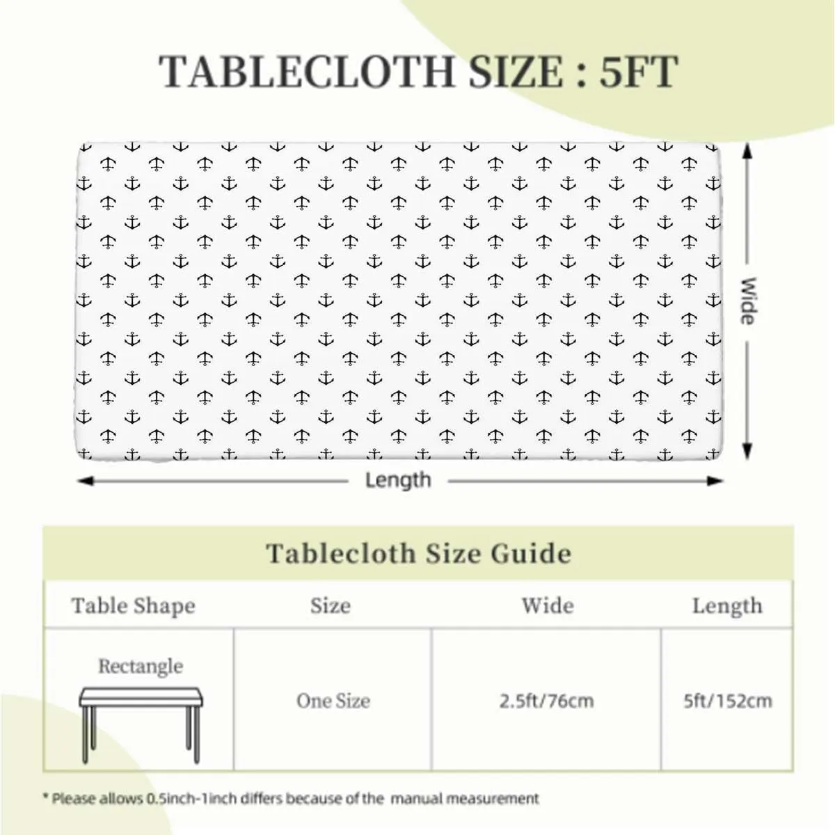 OOzie Black White Elastic Edge Fitted Tablecloth, Retro Tattoo Style Nautical Pattern Classic Waterproof Tablecloths for Picnic, Camping, Indoor, Outdoor Anchor Fits up 5 Foot Tables