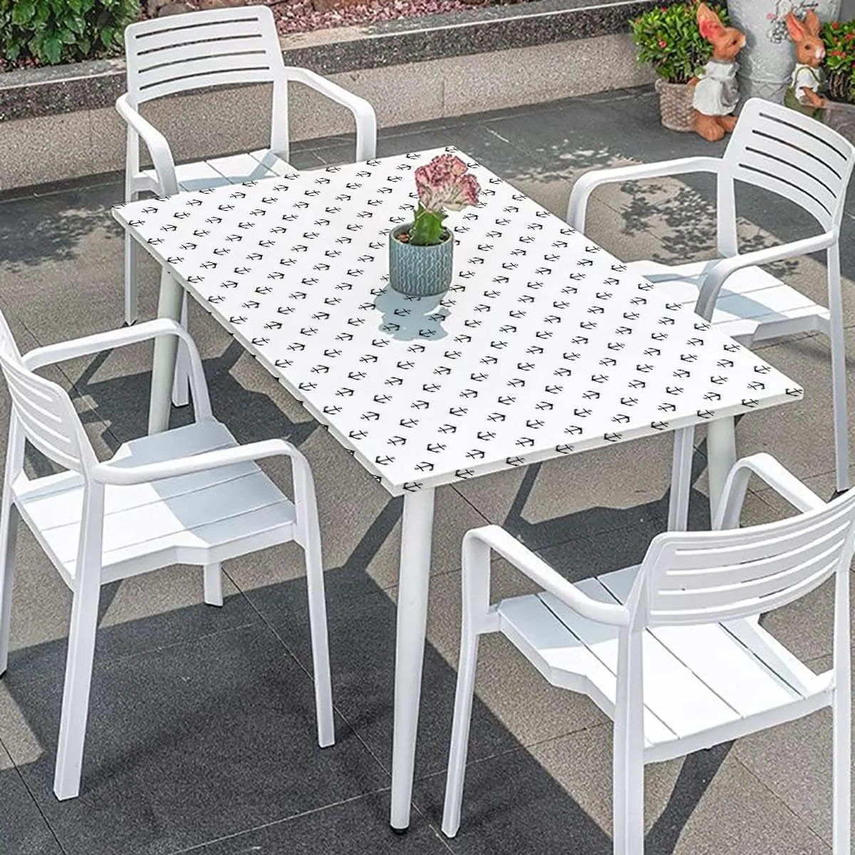 OOzie Black White Elastic Edge Fitted Tablecloth, Retro Tattoo Style Nautical Pattern Classic Waterproof Tablecloths for Picnic, Camping, Indoor, Outdoor Anchor Fits up 5 Foot Tables