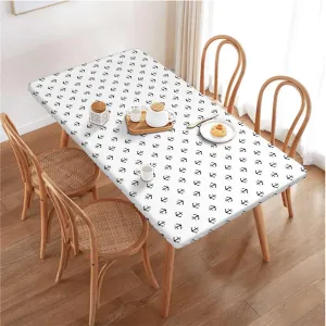 OOzie Black White Elastic Edge Fitted Tablecloth, Retro Tattoo Style Nautical Pattern Classic Waterproof Tablecloths for Picnic, Camping, Indoor, Outdoor Anchor Fits up 5 Foot Tables