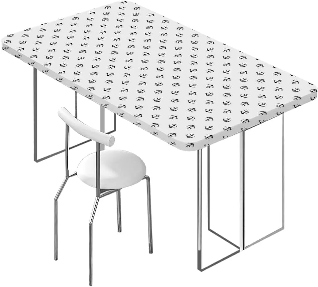 OOzie Black White Elastic Edge Fitted Tablecloth, Retro Tattoo Style Nautical Pattern Classic Waterproof Tablecloths for Picnic, Camping, Indoor, Outdoor Anchor Fits up 5 Foot Tables