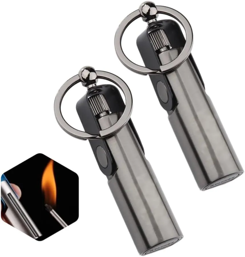 Opener Metal Keychain Lighter, Matchstick Fire Starter for Camping Hunting (Black * 2 Pack)
