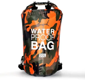 Orange Camouflage 20L Lightweight Waterproof Dry Bag - Portable Roll Top Bag for Swimming, Made of Polyester PVC