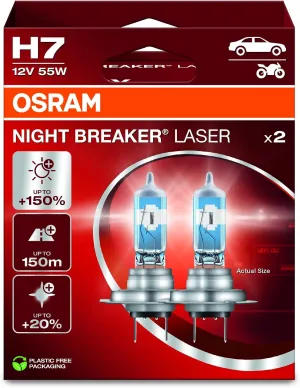 OSRAM NIGHT BREAKER LASER H7,  150% Brighter Halogen Headlight Lamp, 64210NL-2HB, 12V, Hanging Folding Box (2 Lamps)