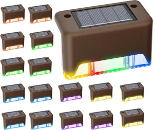 Otdair Solar Deck Lights, 16 RGB Solar Step Lights Waterproof LED Stair Lights, Outdoor for Deck, Step, Stairs, Yard, Patio, and Pathway (Color Changing)