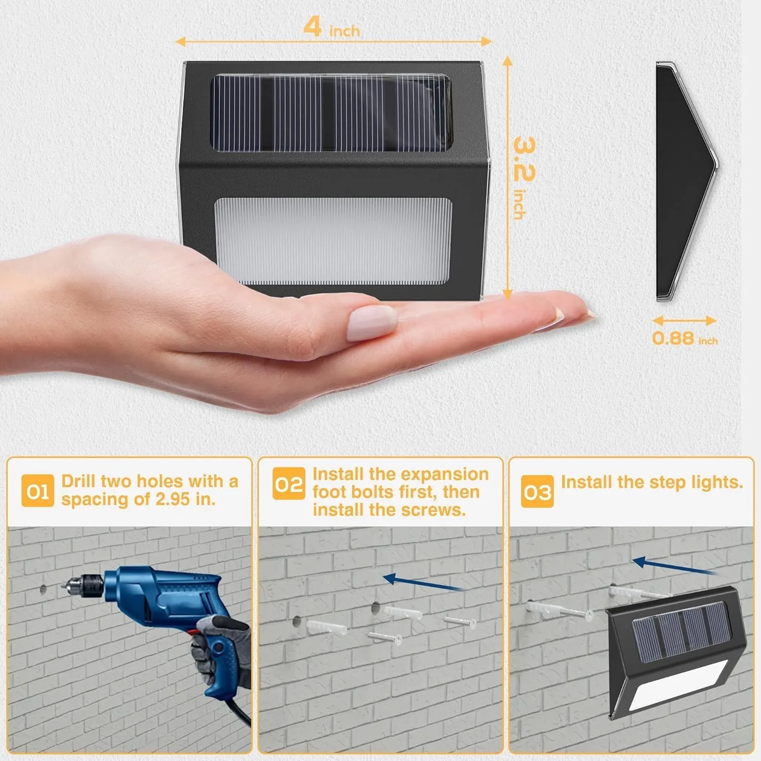 Otdair Solar Lights Outdoor Waterproof, Solar Fence Lights Auto On/Off, Bright LED Outdoor Lighting for Fence, Patio, Deck, Garden, Pathway