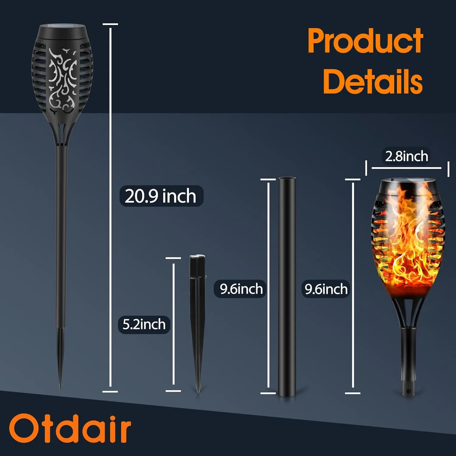Otdair Solar Outdoor Lights, 8 Pack 12LED Solar Tiki Torches with Flickering Flame, IP65 Waterproof Mini Torch Lights Auto On/Off for Garden, Patio, Yard, Pathway
