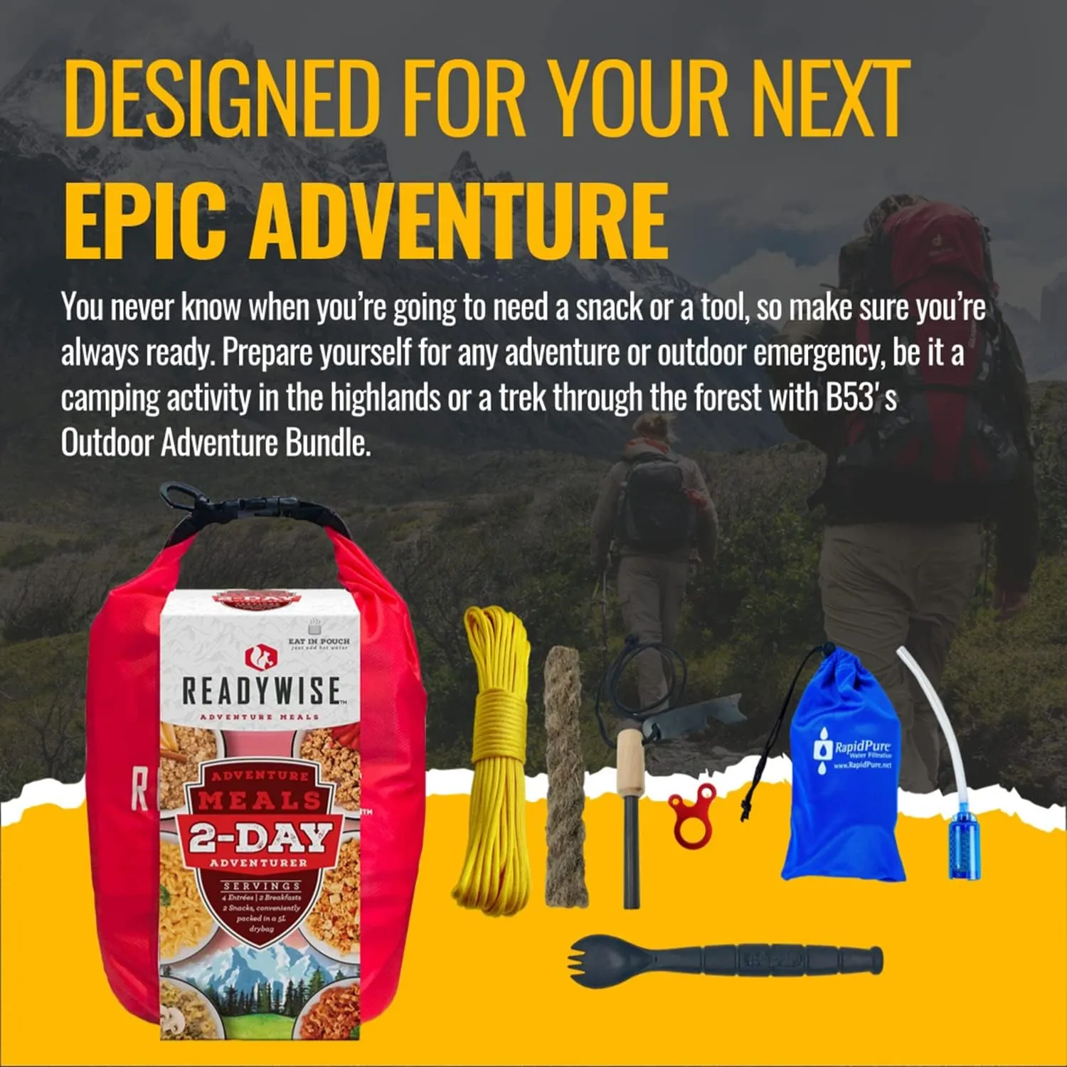 Outdoor Adventure Emergency Preparedness Kit - Hiking, Backpacking, Trekking, Disaster Food Supply, Water Filter, Camping Eating Utensil, Firestarter Survival Set by B53