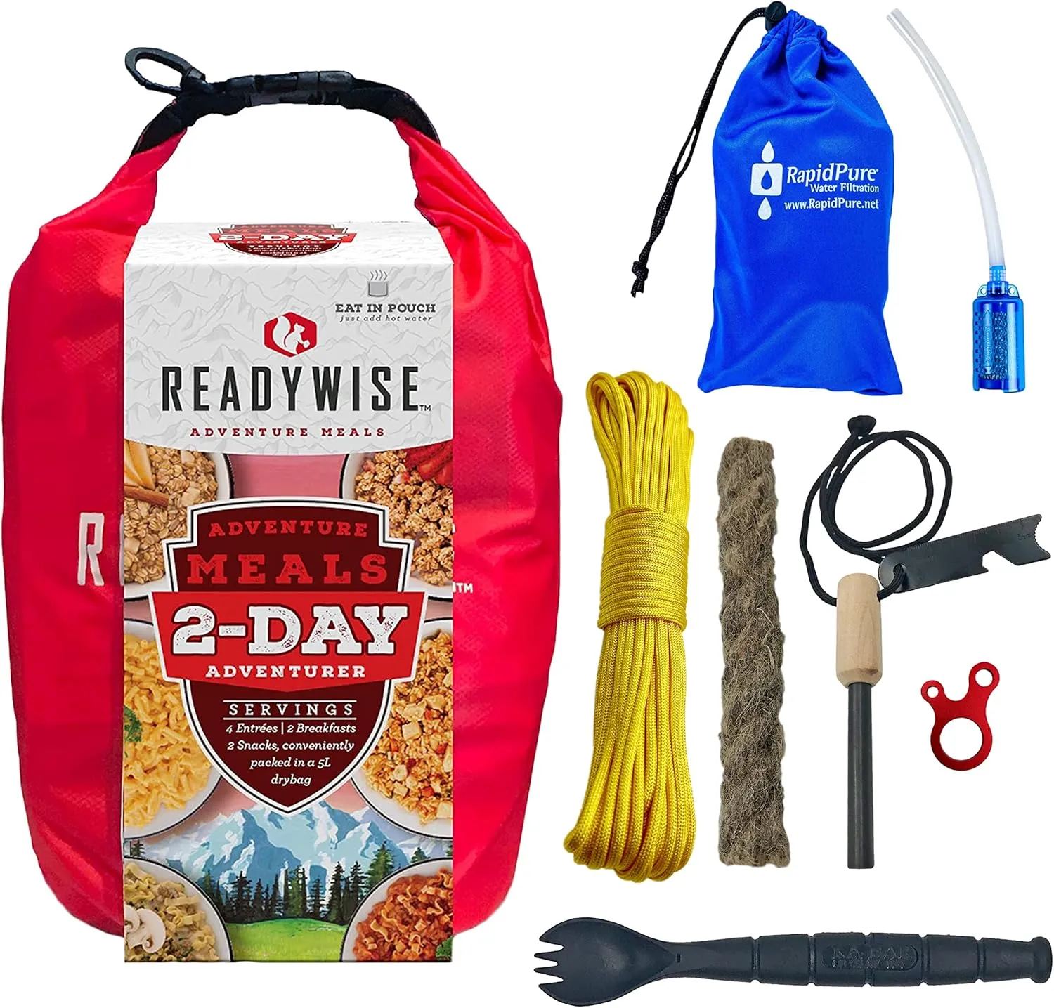 Outdoor Adventure Emergency Preparedness Kit - Hiking, Backpacking, Trekking, Disaster Food Supply, Water Filter, Camping Eating Utensil, Firestarter Survival Set by B53