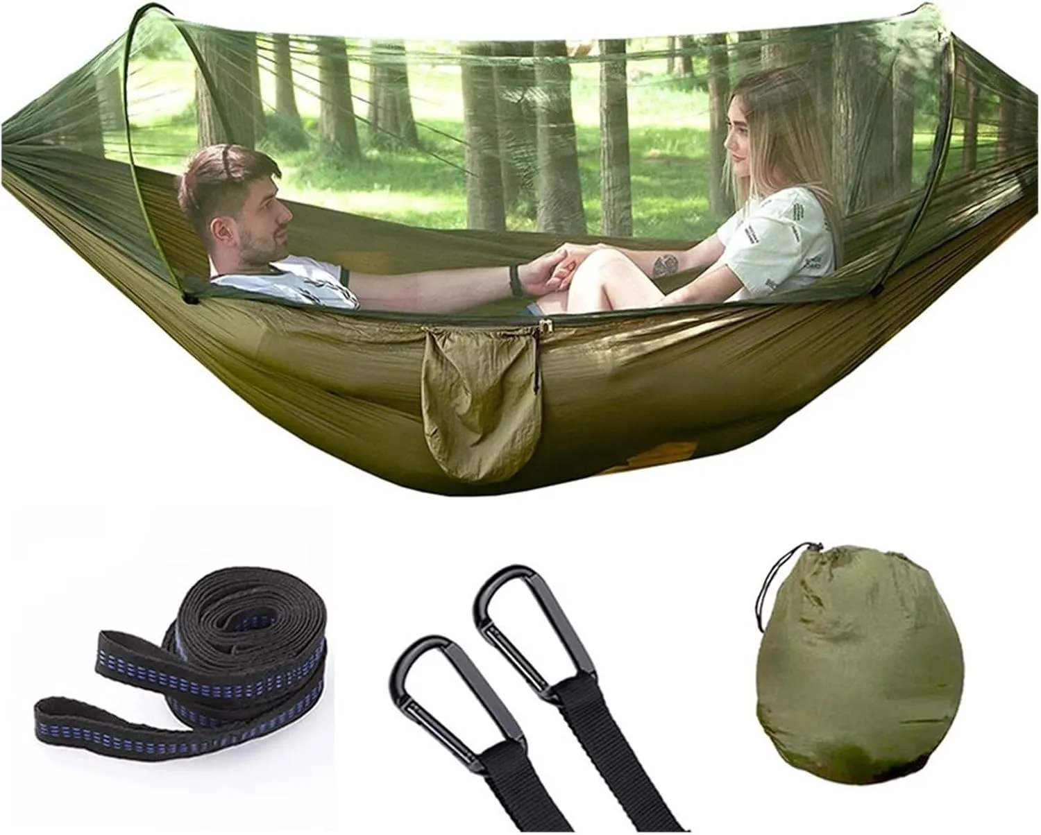 Outdoor Camping Hammock with Mosquito Net Automatic Quick Opening Hanging Hammocks Fabric Hanging Sleeping Swing Bed for Terrace, Outdoor(Black S)