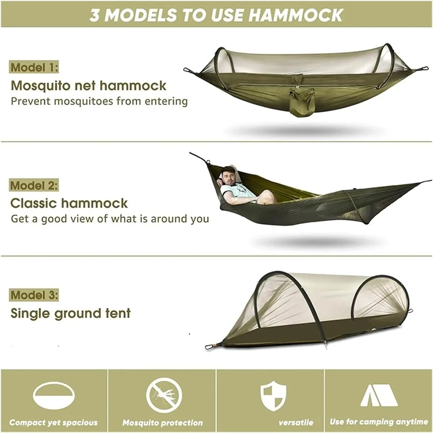 Outdoor Camping Hammock with Mosquito Net Automatic Quick Opening Hanging Hammocks Fabric Hanging Sleeping Swing Bed for Terrace, Outdoor(Black S)