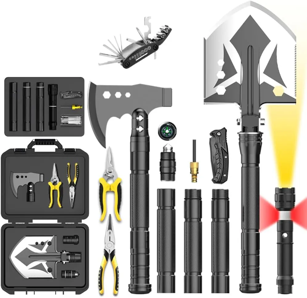 Outdoor Folding Shovel Camping Axe Portable Survival Kits with Flashlight Folding Knife Wire Cutters Repair Tool Set